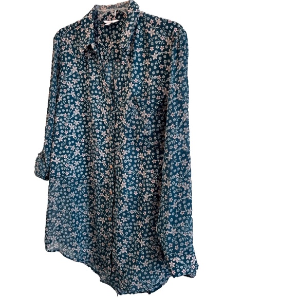 Candie's Parisian Ditsy Floral Adjustable Sleeves Button Up Split Hem Tunic XL - Picture 3 of 16